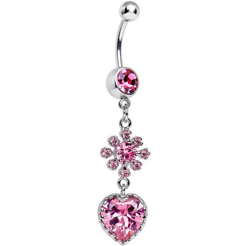 Pink CZ Flower Bomb and Heart Dangle Belly Ring