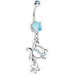 Aqua CZ Turtle with Clover Dangle Belly Ring