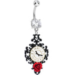Clear Gem Baroque Clock with Red Rose Flower Dangle Belly Ring