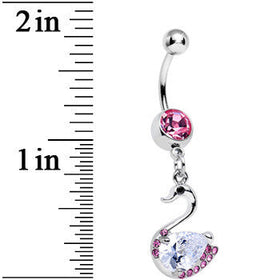 Pink and Clear Cubic Zirconia Elegant Swan Dangle Belly Ring