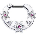 14G Clear and Pink Gem Flowers Septum Clicker