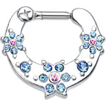 14G 1/4 Aqua and Pink Gem Flowers Septum Clicker