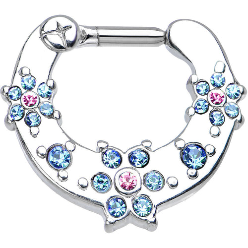 14G 1/4 Aqua and Pink Gem Flowers Septum Clicker
