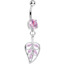 Pink Cubic Zirconia Scroll Pattern Rainforest Leaf Dangle Belly Ring