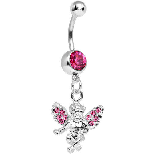 Pink Gem Thoughtful Cherub Dangle Belly Ring