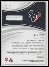 2025 Panini Immaculate Collection Jayden Higgins Rookie #/99 Auto #120