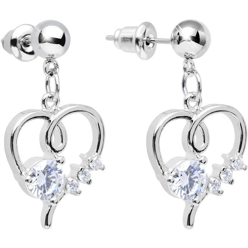Clear Cubic Zirconia Feel the Love Heart Dangle Post Earrings