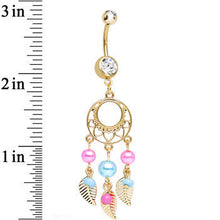 Clear Gem Gold Plated Pearly Feathers Dreamcatcher Dangle Belly Ring