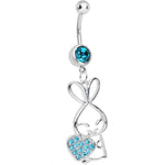Aqua Cubic Zirconia Hugging Heart Bunny Dangle Belly Ring