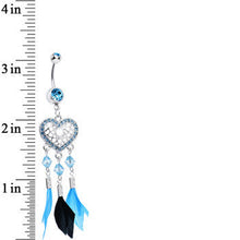 Aqua Gem Blue and Black Feather Flutter Heart Dangle Belly Ring