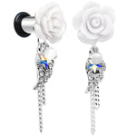 Clear Gem Angel Wing and White Rose Flower Single Flare Dangle Plug Sizes 6mm to 16mm
