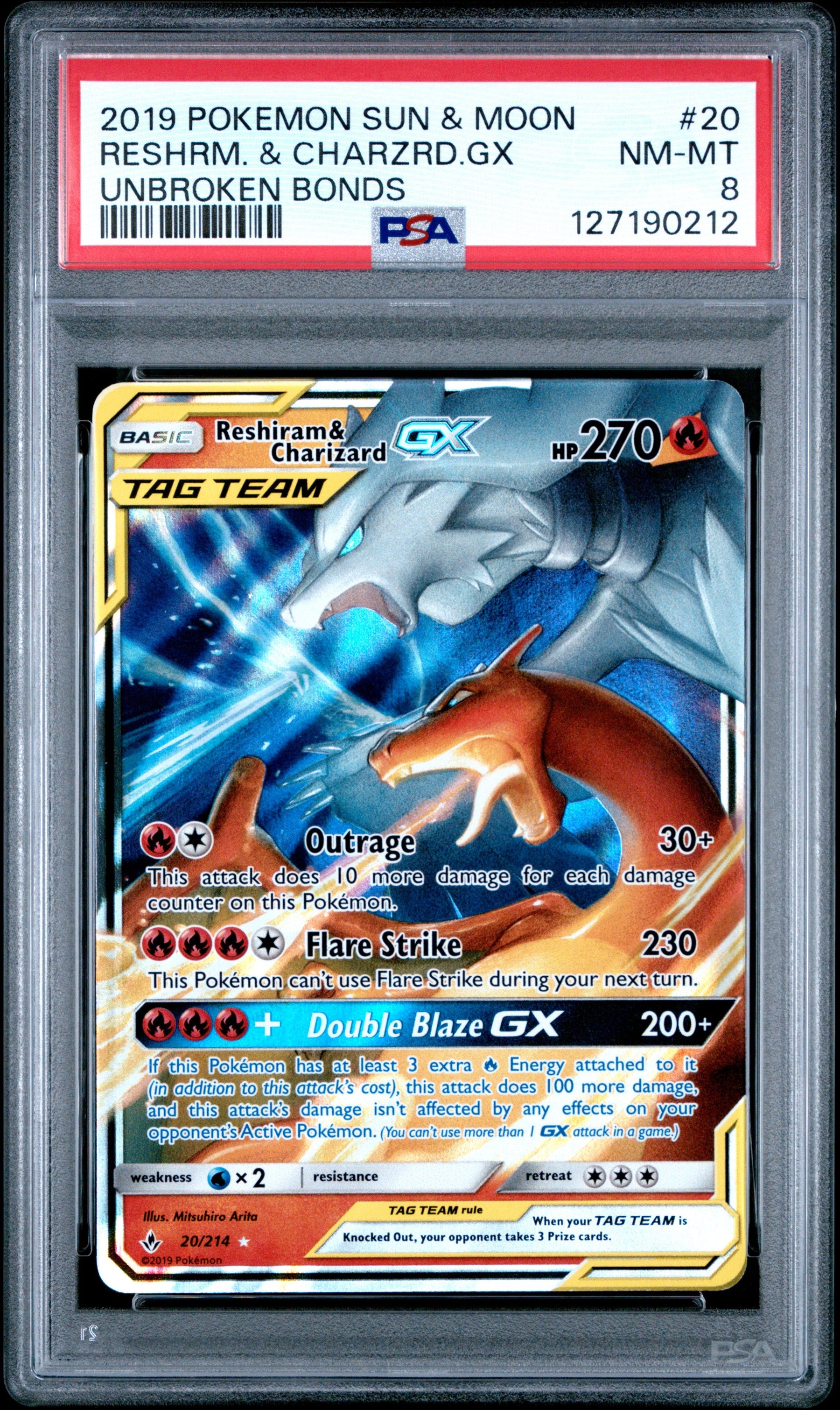 2019 Pokemon Sun & Moon Unbroken Bonds Reshrm. & Charzrd.Gx 8 PSA #20