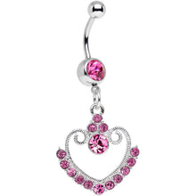 Pink Gem Ornate Hollow Heart Dangle Belly Ring