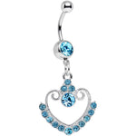 Aqua Gem Ornate Hollow Heart Dangle Belly Ring