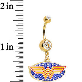 Clear Gem Gold Plated Licensed Wonder Woman Logo Dangle Belly Ring
