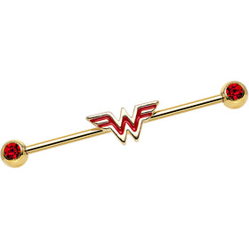 Red Gem Gold Plated Licensed Wonder Woman Logo Industrial Barbell
