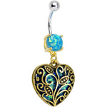 Aqua Imitation Opal Gold Plated Lace Heart Dangle Belly Ring