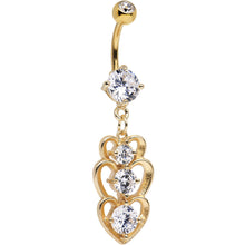 Clear Cubic Zirconia Gold Plated Three Heart Dangle Belly Ring