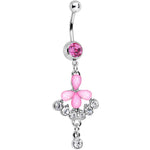 Pink Gem Clear Drops Glittery Flower Dangle Belly Ring