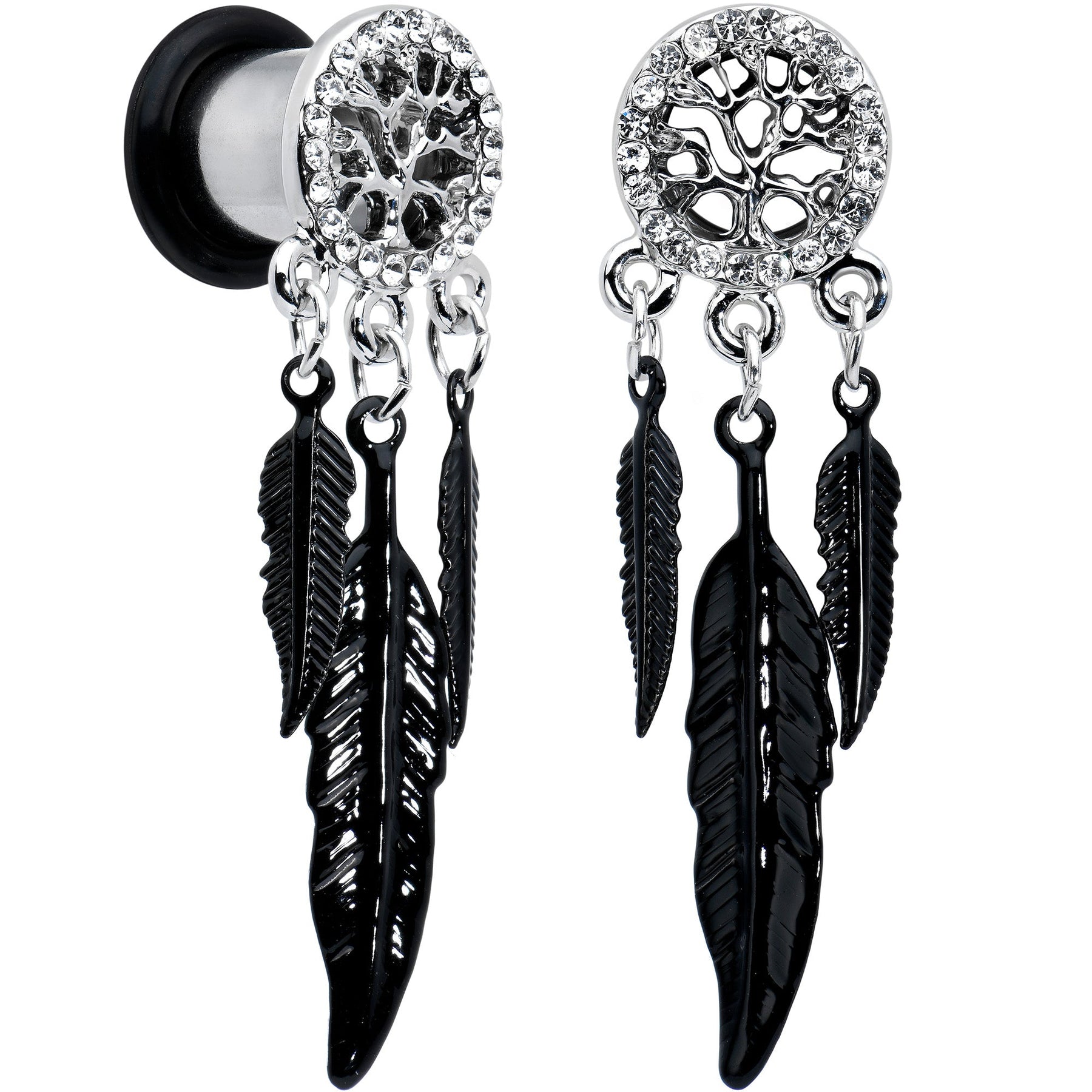 0G Clear Gem Steel Single Flare Tree of Life Dangle Plug Set
