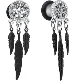 0G Clear Gem Steel Single Flare Tree of Life Dangle Plug Set