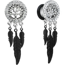 00G Clear Gem Steel Single Flare Tree of Life Dangle Plug Set