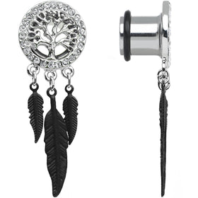 00G Clear Gem Steel Single Flare Tree of Life Dangle Plug Set