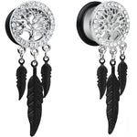 9/16 Clear Gem Steel Single Flare Tree of Life Dangle Plug Set