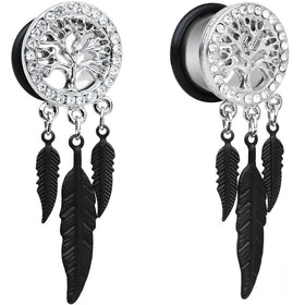 9/16 Clear Gem Steel Single Flare Tree of Life Dangle Plug Set
