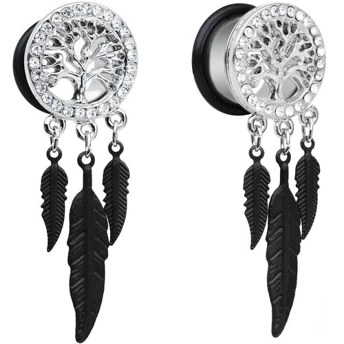9/16 Clear Gem Steel Single Flare Tree of Life Dangle Plug Set
