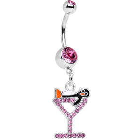 Pink Paved Martini Glass with Pengiun Dangle Belly Ring