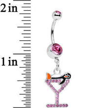 Pink Paved Martini Glass with Pengiun Dangle Belly Ring