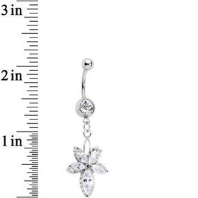 Clear Cubic Zirconia Double Flower Dangle Belly Ring