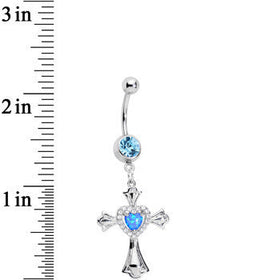 Aqua Gem Blue Imitation Opal Cross Heart Dangle Belly Ring