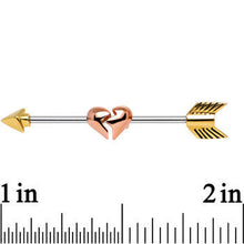 Gold Plated Arrow to a Rose Gold Broken Heart Industrial Barbell 32mm