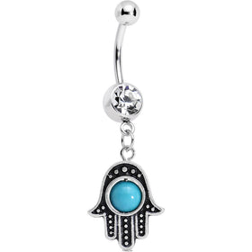 Clear Gem Aqua Orb Hamsa Hand Dangle Belly Ring