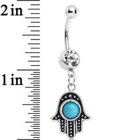 Clear Gem Aqua Orb Hamsa Hand Dangle Belly Ring