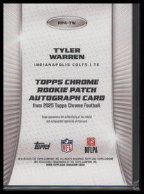 2025 Topps Rookie Patch Auto Orange Refractor Tyler Warren #/25 #RPA-TW