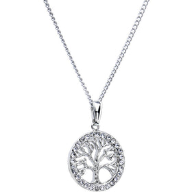 Stainless Chain Clear Gem Tree of Life Medallion Pendant Necklace