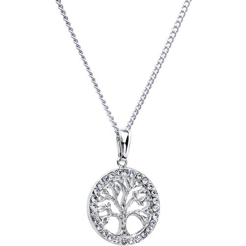 Stainless Chain Clear Gem Tree of Life Medallion Pendant Necklace