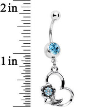 Aqua Gem Hollow Heart Flower Dangle Belly Ring