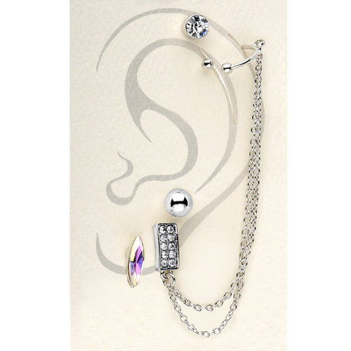Silver Tone Aurora Marquis Clear Chain Ear Cuff Stud Earring Set