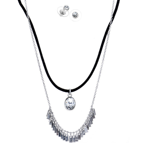Burnished Silver Clear Necklace and Stud Earring Set