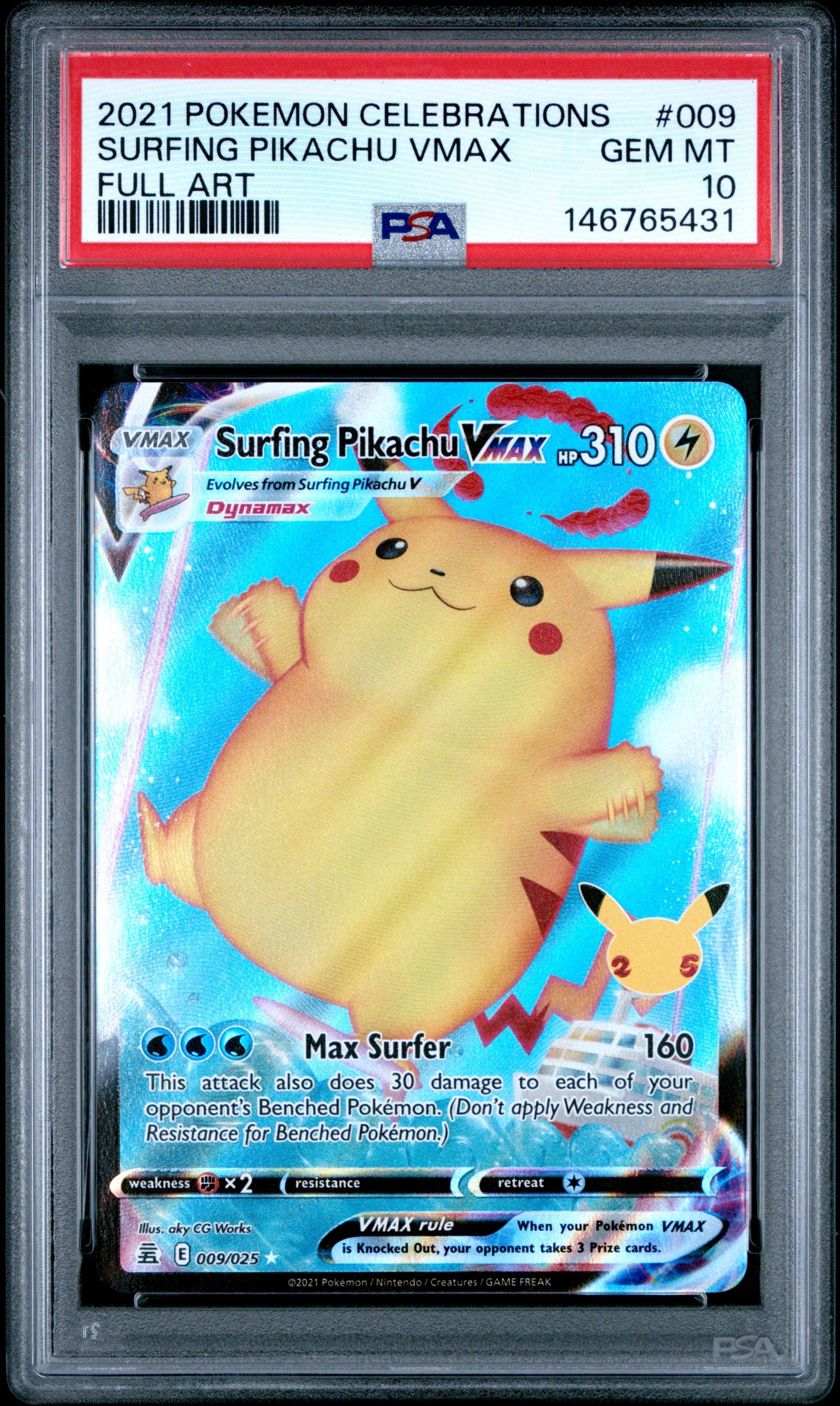 2021 Pokemon Celebrations Full Art Surfing Pikachu Vmax 10 PSA #009