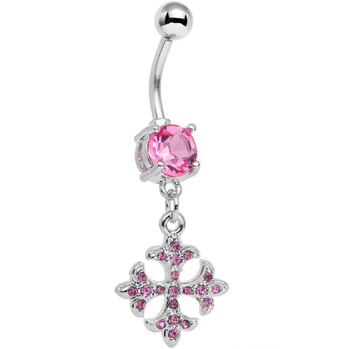 Pink Cubic Zirconia Cathedral Cross Dangle Belly Ring