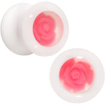 White Acrylic Pink Rose Flower Insert Saddle Plug Set Available in Sizes 00G to 26mm