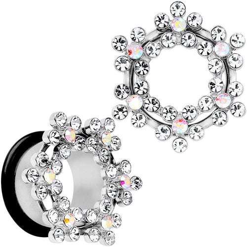 18mm Clear and Aurora Gem Snowflake Steel Tunnel Plug Set