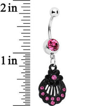 Pink Czech Stone Black Floral Seashell Dangle Belly Ring