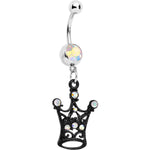 Aurora Czech Stone Black Victorian King Crown Dangle Belly Ring
