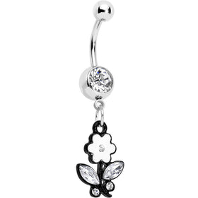 Clear Czech Stone Black Faceted Floral Foliage Dangle Belly Ring